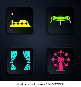 Set Ferris wheel, Bumper car, Curtain and Jumping trampoline. Black square button. Vector
