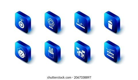 Set Ferris wheel, Bumper car, Paper glass with water, Drum drum sticks, Castle, Magician hat and rabbit ears, Clown head and Unicycle or one bicycle icon. Vector