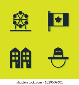 Set Ferris wheel, Canadian ranger hat, House and Flag of Canada icon. Vector.