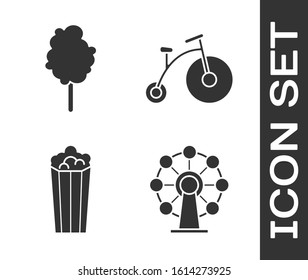 Set Ferris wheel, Cotton candy, Popcorn in cardboard box and Vintage bicycle with one big wheel and one small icon. Vector