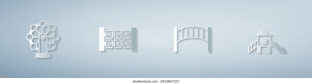 Set Ferris wheel, Education logic game, Playground kids bridge and Slide playground. Paper art style. Vector