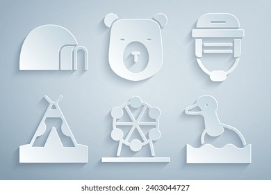 Ponga la rueda de la fortuna, casco de hockey, té o wigwam indio, pato volador, cabeza de oso e ícono de la casa helada de iglú. Vector