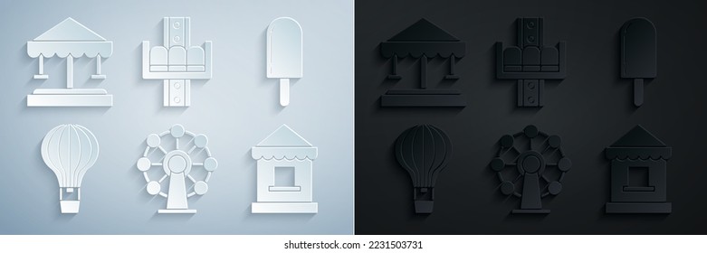 Set Ferris wheel, Ice cream, Hot air balloon, Ticket box office, Attraction carousel and  icon. Vector