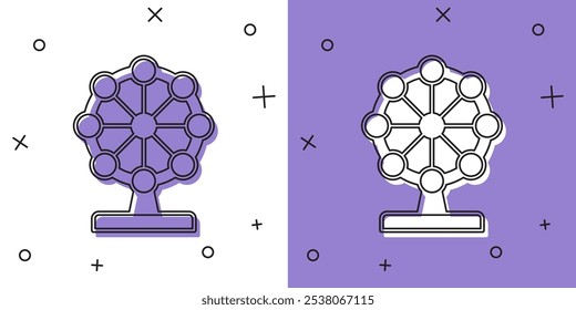 Definir ícone da roda-gigante isolado no plano de fundo branco e roxo. Parque de diversões. Entretenimento infantil playground, parque de recreação.  Vetor