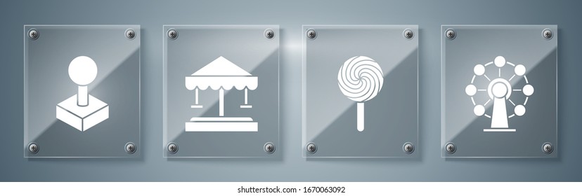 Set Ferris wheel, Lollipop, Attraction carousel and Joystick for arcade machine. Square glass panels. Vector