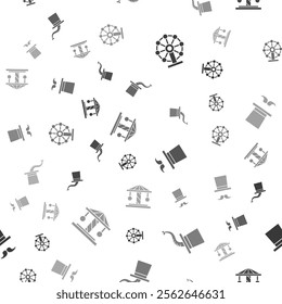 Set Ferris wheel, Magician hat,  and Attraction carousel on seamless pattern. Vector