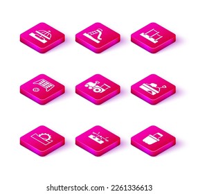 Set Ferris wheel, Seesaw, Soccer goal with ball, Toy train, Sand bucket, Sandbox sand, Horizontal bar and Kid slide icon. Vector