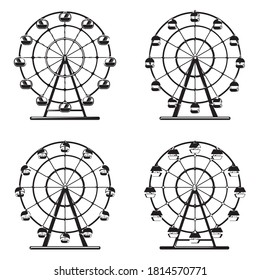 Set of ferris wheels in monochrome style. Carousels of amusement park.