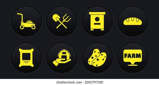 Set Fertilizer bag, Bread loaf, Farm house in hand, Potato, Hive for bees, Shovel rake, Location farm and Lawn mower icon. Vector