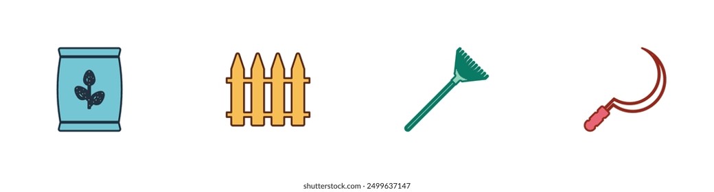 Set Fertilizer bag, Garden fence, rake for leaves and Sickle icon. Vector