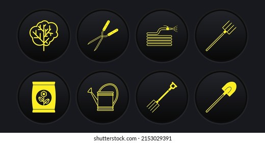 Set Fertilizer bag, Garden pitchfork, Watering can, hose fire hose, Gardening handmade scissor, shovel and Tree icon. Vector