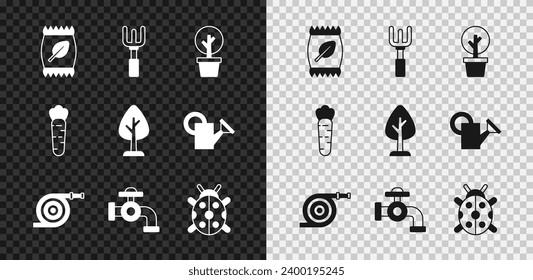 Set Fertilizer bag, Garden rake, Forest, hose, Water tap, Ladybug, Carrot and  icon. Vector