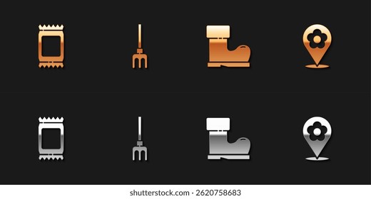 Set Fertilizer bag, Garden rake, Waterproof rubber boot and Location with flower icon. Vector