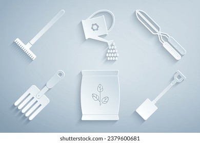 Set Fertilizer bag, Gardening handmade scissor, fork, shovel, Watering can and rake icon. Vector