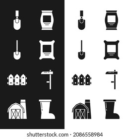 Set Fertilizer bag, Shovel, Garden trowel spade or shovel, fence wooden, Scythe, Waterproof rubber boot and Farm house icon. Vector