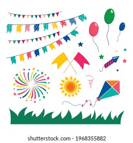 Set for Festa Janin. Set of design elements for the Brazilian national festival. Fireworks, balloons, flags and garland. Vector illustration