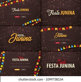 Set of Festa Junina backgrounds with hand draw doodle elements and party flags. Brazil or Latin American holiday. Vector illustration