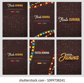 Set of Festa Junina backgrounds with hand draw doodle elements and party flags. Brazil or Latin American holiday. Vector illustration