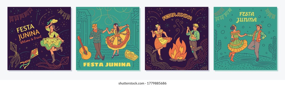 Set of Festa Junina cards or placards with dancing people cartoon characters, colorful sketch vector illustration. Brazilian summer agricultural festival celebration.