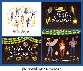 Set of Festa Junina designs with dancing people, musicians, straw hat, lanterns, bunting, bonfire, Portuguese text. Hand drawn vector illustration. Flat style. Concept holiday banner, poster, flyer
