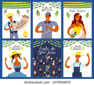 Set of Festa Junina designs with dancing people, musicians, straw hat, lanterns, bunting, bonfire, Portuguese text. Hand drawn vector illustration. Flat style. Concept holiday banner, poster, flyer