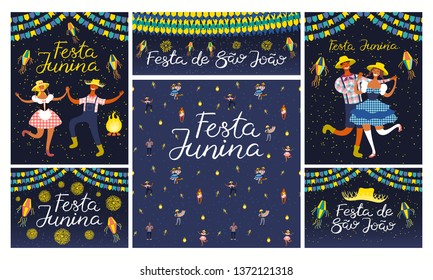 Set of Festa Junina designs with dancing people, musicians, straw hat, lanterns, bunting, bonfire, Portuguese text. Hand drawn vector illustration. Flat style. Concept holiday banner, poster, flyer