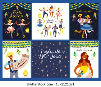 Set of Festa Junina designs with dancing people, musicians, straw hat, lanterns, bunting, bonfire, Portuguese text. Hand drawn vector illustration. Flat style. Concept holiday banner, poster, flyer