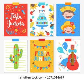 Set of Festa Junina greeting cards with confetti, cake, sunflower, corn, flowers, cactus, guitar, garland, balloon, accordion, traditional characters.