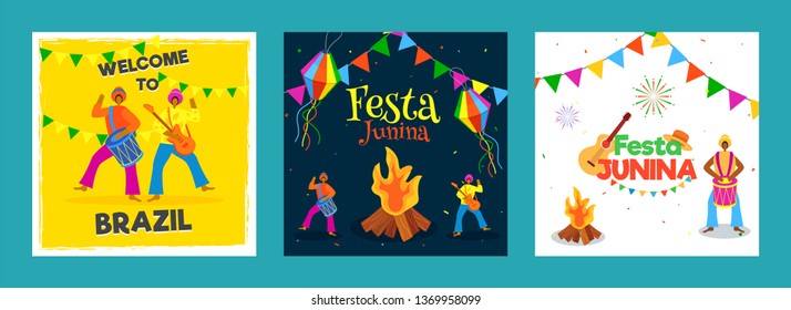 Set of Festa Junina party celebration poster or template design with Brazilian men playing music instrument.