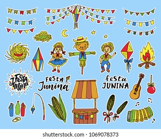 Set of Festa Junina stickers. Hand drawn vector traditional celebration symbols.