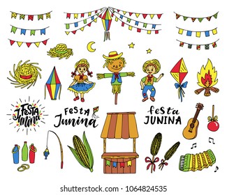 Set of Festa Junina traditional celebration symbols. Hand drawn vector illustration.