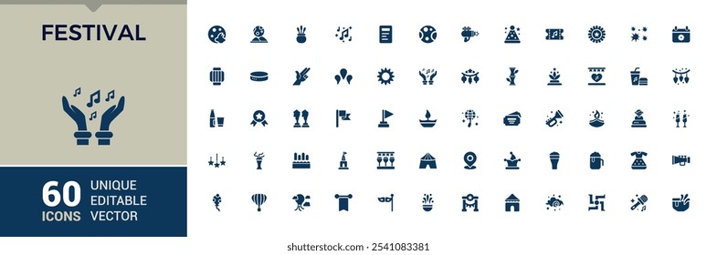 Set of Festival solid icons. Includes flat filled alcohol, art, decoration, festival, celebration, food, hippie, firework. Isolated icons design. Vector illustration.