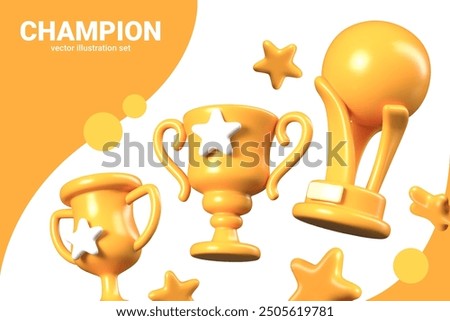 Set of festive 3D elements for championship concepts. Gold cups, stars, ball on stand