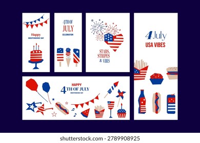 Set Festive 4th of July designs with patriotic icons and American colors