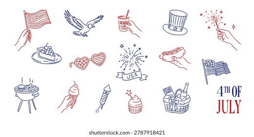 Set Festive 4th of July icons featuring fireworks, food, drinks, and patriotic symbols