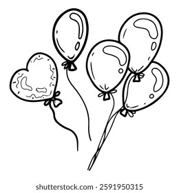 Set of festive air balloons. Hand drawn doodle. Air flying object. Fun party. Event celebration. Carnival decoration. Vector line art illustration.
