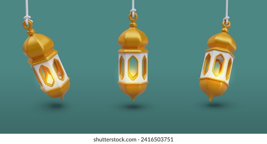 Set of festive Arabic lanterns with lit fire. Golden lamps on green background