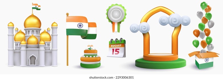Set festive art object for Indian independence day. Flag, badge, firework, balloon, cake. National celebration design element. Bright vector 3d cartoon illustration in minimal realistic style.