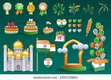 Set festive art object for Indian independence day. Flag, badge, firework, balloon, cake. National celebration design element. Bright vector 3d cartoon illustration in minimal realistic style.