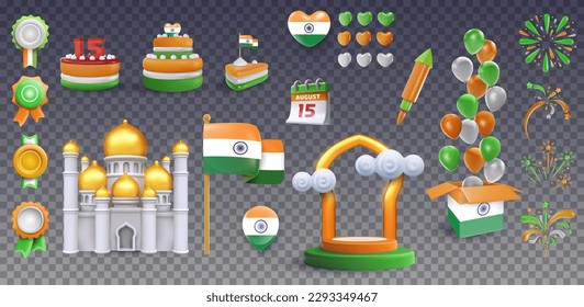 Set festive art object for Indian independence day. Flag, badge, firework, balloon, cake. National celebration design element. Bright vector 3d cartoon illustration in minimal realistic style.