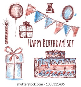 Set of festive attributes for the birthday sketch with colorful paint strokes. hand drawing in pencil. vector illustration.
