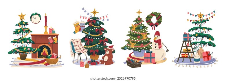 Set of festive backdrops for holiday gatherings with traditional Christmas decorations. Vector illustrations. Home interior place for a Christmas tree with fir tree, fireplace, candles and gifts.