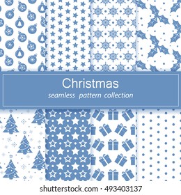 Set of festive backgrounds. Collection of seamless patterns. Blue. Merry Christmas and happy New year! Texture for print, Wallpaper, decoration, winter, background, gift wrapping. Vector.