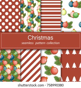 Set of festive backgrounds. Collection of seamless patterns. Cartoon elements for your design. Merry Christmas and happy New year. Stock vector.
