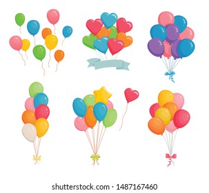 Set of festive balloons. Birthday party or carnival decorations balloon. Bunch of balloons flying in the air. Isolated vector illustration.