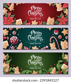 Set of Festive banner with fir branches, gingerbread cookies, candies, poinsettia, holly. Christmas background with gingerbread. Suitable for greeting cards, banners, posters, flyers for New Year