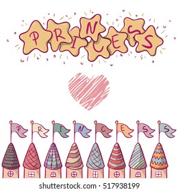set of festive banners with flags on towers and stars banner,little princess collection isolated on white background, birthday banners for girls.perfect design for invitations, posters postcards,cups