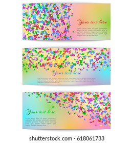 Set of festive banners with multi-colored confetti on a bright rainbow background.