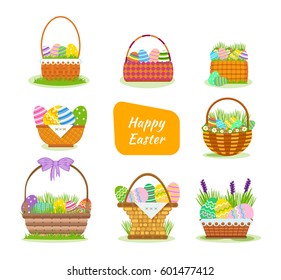 A set of festive, beautiful, Easter baskets with painted eggs, flowers, pies and bakery products, in a solemn atmosphere. Cartoon vector illustration isolated on white background.