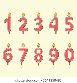 Set of festive birthday cake candles in the numbers shape. Party, anniversary cartoon vector illustration.